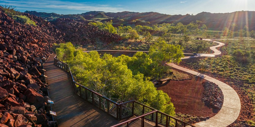 long shot of the Murujuga Rock Art Boardwalk